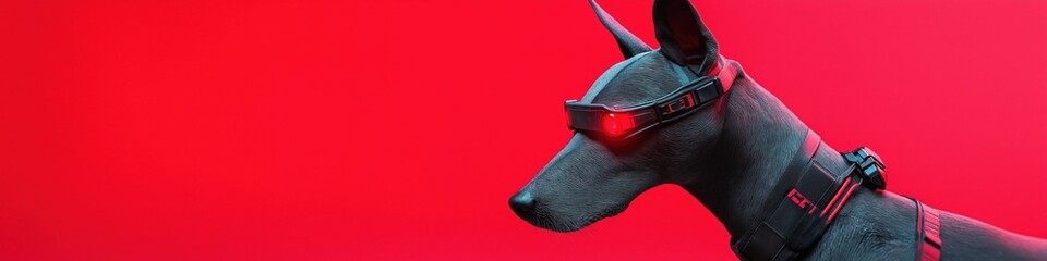 A dog with sunglasses on its face is staring at the camera. The dog is wearing a black collar and he is wearing a pair of sunglasses. The image has a futuristic and cool vibe