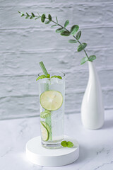 Fresh mojito with lime and mint on white background