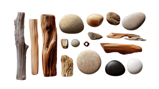 Raw Earth's Palette: A collection of natural stones and weathered wood pieces of various shapes and textures, evoking a sense of tactile beauty and connection to the earth.
