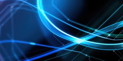 Abstract Blue Glowing Lines and Curves on Dark Background Representing Digital Connectivity and Technological Progress