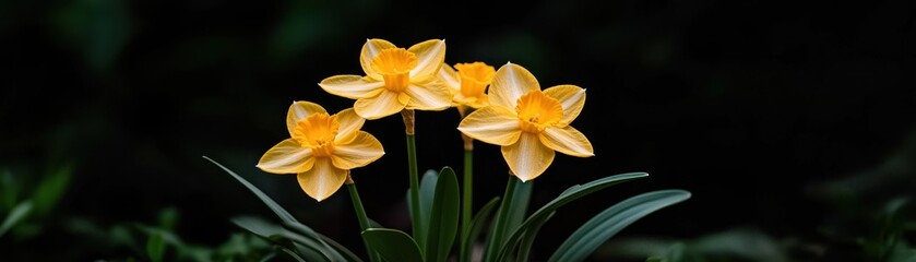 Fototapeta premium Five yellow and white daffodils growing against a dark background