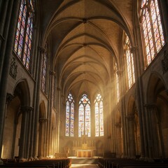Fototapeta premium Close-up of sunbeams shining through stained-glass windows in a majestic Gothic cathedral interior, highlighting intricate stone textures and architectural details.