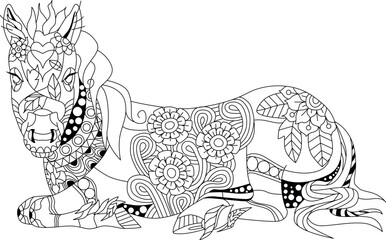 Zentangle lying horse. Hand drawn decorative vector illustration for coloring.