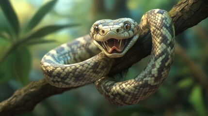 Obraz premium 3D Render: A Cheerful Snake on a Branch in Lush Greenery