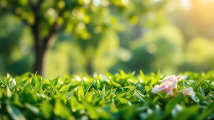 Serene Garden Scene Delicate Pink Blossoms Nestled Amongst Lush Green Foliage Bathed in Soft Sunlight