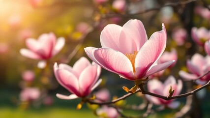 Fototapeta premium Close-up of delicate pink magnolia blossoms bathed in warm sunlight