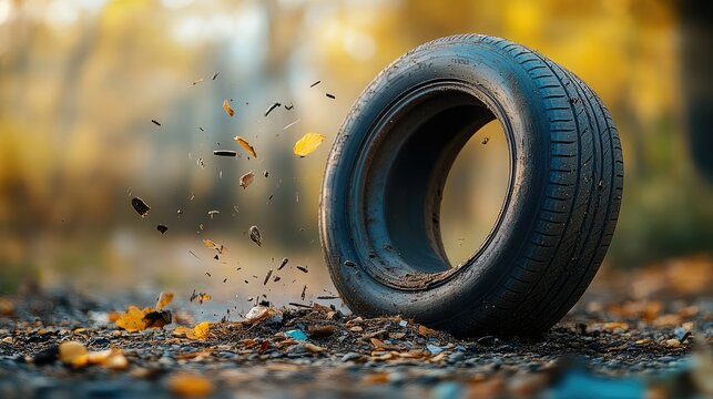 Autumn tire debris.  Fallen leaves swirl around discarded tire
