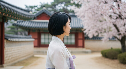 Young Woman in Hanbok Stands in Garden with Cherry Blossoms and Traditional Korean Architecture