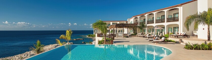 Resort hotel with swimming pool overlooking ocean and clear blue sky