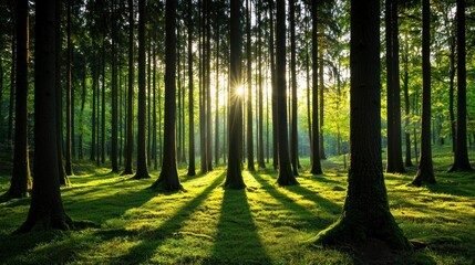 Obraz premium Sunlit forest interior featuring many tall trees in nature