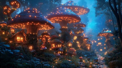 A vibrant fairy village hidden among giant mushrooms, illuminated by small glowing lights in a digital fantasy world.