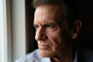 Pensive elderly man gazing out of window in thoughtful contemplation