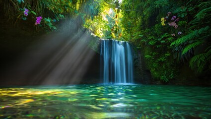 Serene tropical waterfall in lush jungle with sunlight streaming through leaves