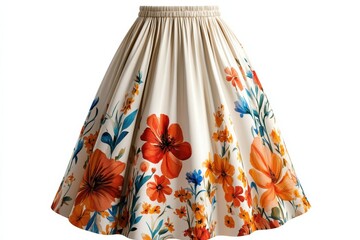Elegant cream floral midi skirt vibrant orange and blue flowers vintage style full swing summer