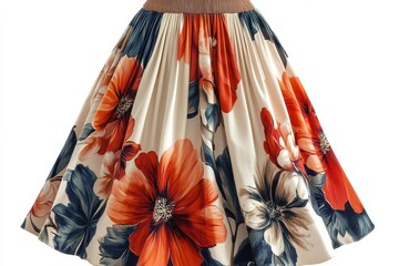Elegant pleated floral midi skirt vibrant orange and blue blooms on cream summer fashion