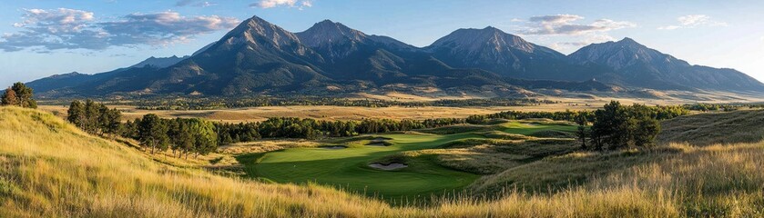 Obraz premium Panoramic View of Mountains and a Golf Course Landscape