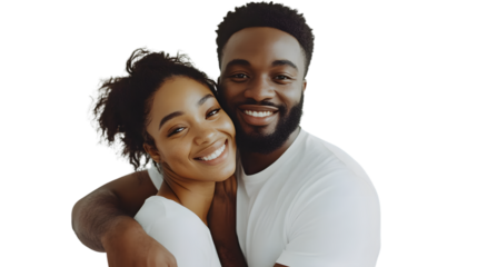 Romantic Happy Couple Embracing and Looking at Camera on Transparent Background