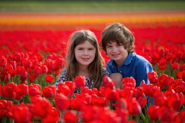 Children enjoying a bright red tulip field in blooming spring landscape