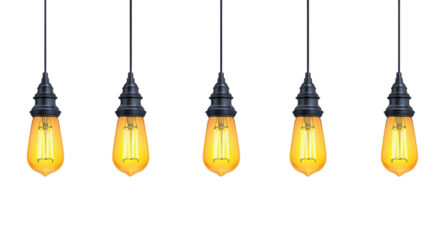 Elegant vintage light bulbs hanging in a row, isolated cutout on a transparent background, creating a warm and inviting atmosphere for interior decor