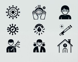 Black and white icons depicting COVID-19 safety measures, including masks, handwashing, social distancing, vaccination, and staying home.