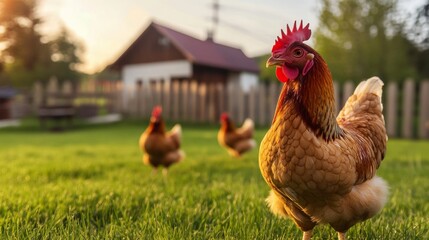 Large chickens roam freely in a landscaped front yard of a modern French villa during golden hour