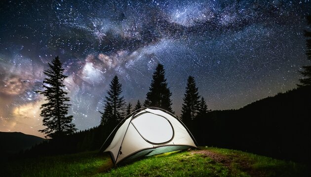A tent with light in forest on mountain at night with starry milky way galaxy in the sky for.