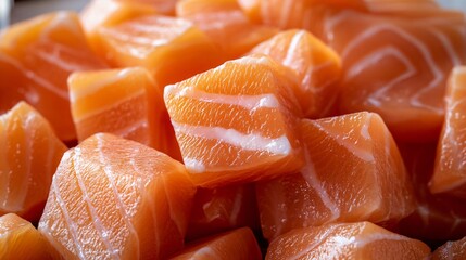 Close-up Salmon Cubes Pile on White Background for Food Photography