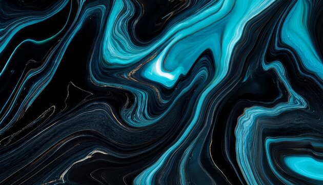Abstract 4k wallpaper. Liquid fluid, black dark marble, obsidian, with blue, aqua, teal ripp