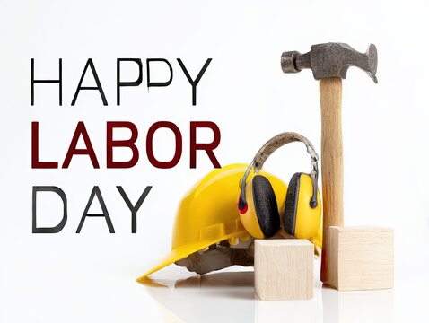 Happy labor day festive composition with yellow hard hat safety earmuffs hammer and wooden blocks on white background professional construction worker holiday celebration image job head gear shot life