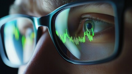 reflection of stock market charts in a man's glasses
