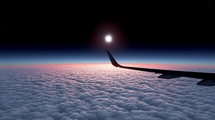 Above the Clouds Sunrise Flight with Airplane Wing.