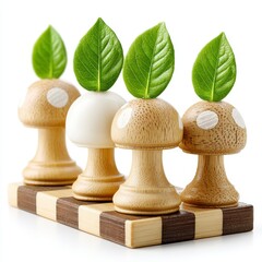 Wooden Mushroom Chess Pieces with Green Leaves on White Background