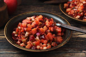 A bowl with traditional Rosolli salad, Finnish cuisine