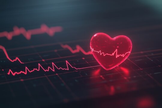 A close-up of an ECG monitor showing a flatline during a heart attack, with copy space. Clean focused light. Medical equipment background.