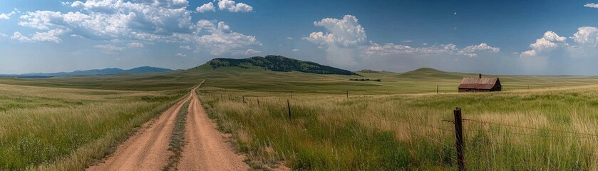 A scenic panoramic landscape featuring a dirt road and a barn