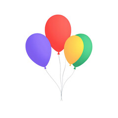 Three colorful balloons float against transparency background, featuring red, blue, and yellow hues. balloons are tied together with strings, creating festive and cheerful atmosphere