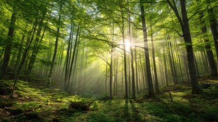 Obraz premium Sunlight Streams Through A Lush Early Spring Forest Illuminating The Fresh Green Leaves And Creating A Serene And Magical Woodland Atmosphere
