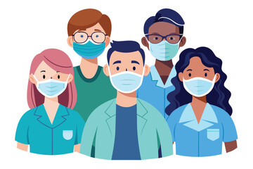 A group of diverse healthcare workers, all wearing masks, stand together with focused expressions, promoting health and safety awareness in their community.