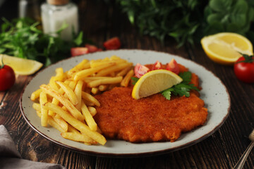 A Viennese schizel with french fries