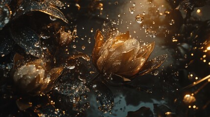 Beautiful golden flowers with glistening water droplets and elegant lighting