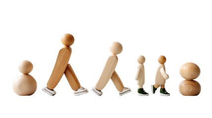 Wooden Figures in Motion: A minimalist composition showcases wooden figures in various stages of movement, suggesting progression and change, a dynamic scene of simple shapes and natural materials.