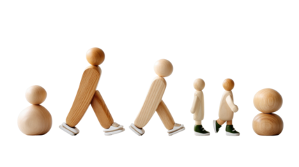 Wooden Figures in Motion: A minimalist composition showcases wooden figures in various stages of movement, suggesting progression and change, a dynamic scene of simple shapes and natural materials.