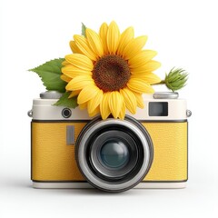 Yellow Vintage Camera with Sunflower on White Background