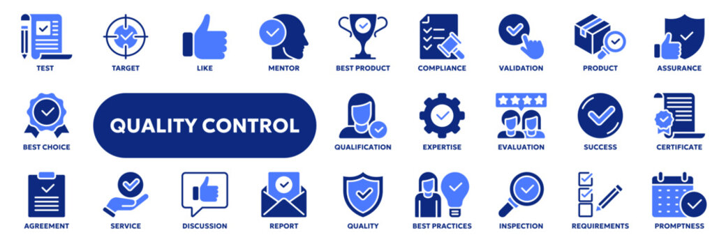 Set of vector solid icons related to product quality control, inspection and evaluation, production quality assurance. Symbols for website or app UI, logo design, illustration