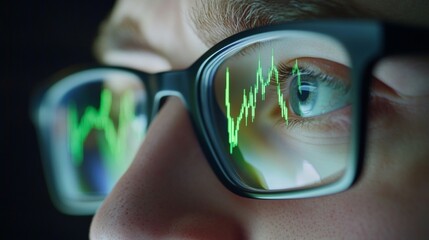 reflection of stock market charts in a man's glasses