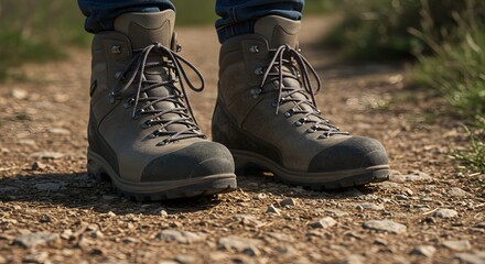 Hiking Boots on Trail Closeup Sturdy Footwear for Outdoor Adventures