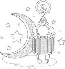 Ramadan lantern coloring page with moon and stars