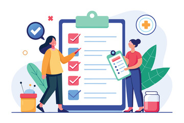 Two women engage in an animated discussion about a health checklist, with notes and medical symbols, in a vibrant office space filled with plants.