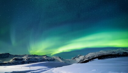 Fototapeta premium GenerateGreen Aurora Borealis over Snow covered Terrain. Beautiful Northern Lights Banner with copy
