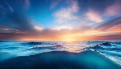 Obraz premium illustration of abstract background with blue wavy sea under colorful bright sundown sky